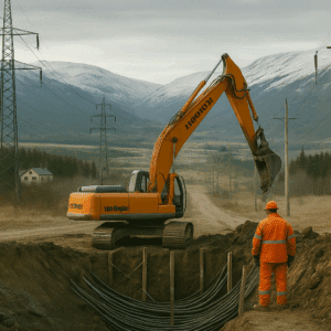sikkerhet ved høyspent, arbeid nær høyspent, graving nær høyspentkabler, kurs høyspent sikkerhet, kranløft nær kraftledninger, høyspentkabler gravemaskin, fare høyspent arbeid, førstehjelp strømulykker, høyspent sikkerhetskurs, elektrisk fare byggeplass